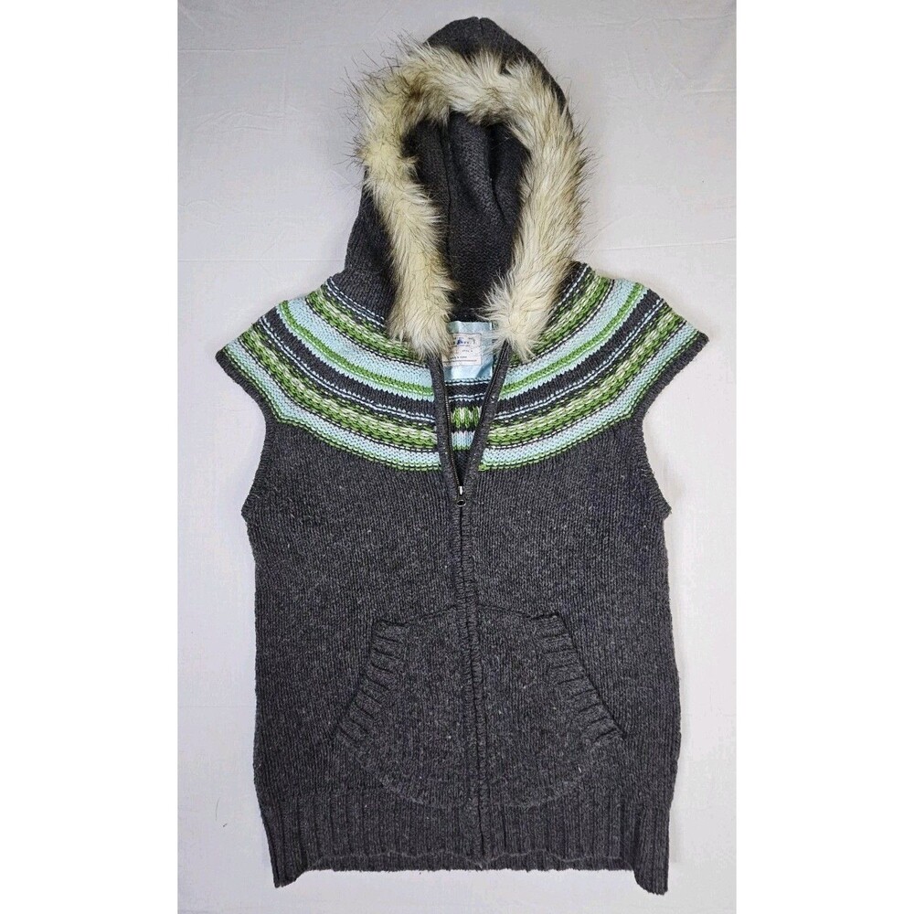 Old Navy Vest Women's Large Gray Sweater Hooded Fair Isle Nordic Lambswool Blend
